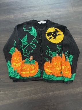 Vintage Halloween Pumpkin Knit Sweater Cardigan By ALEXANDRA BARTLETT Large